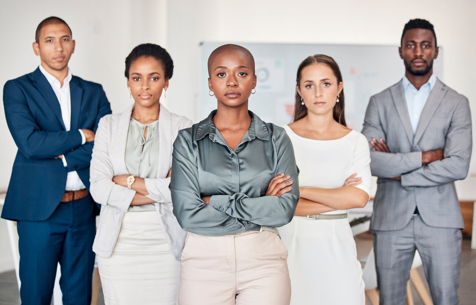 Zwei Männer und drei Frauen stehen mit verschränkten Armen und im Business-Outfit und schauen in die Kamera