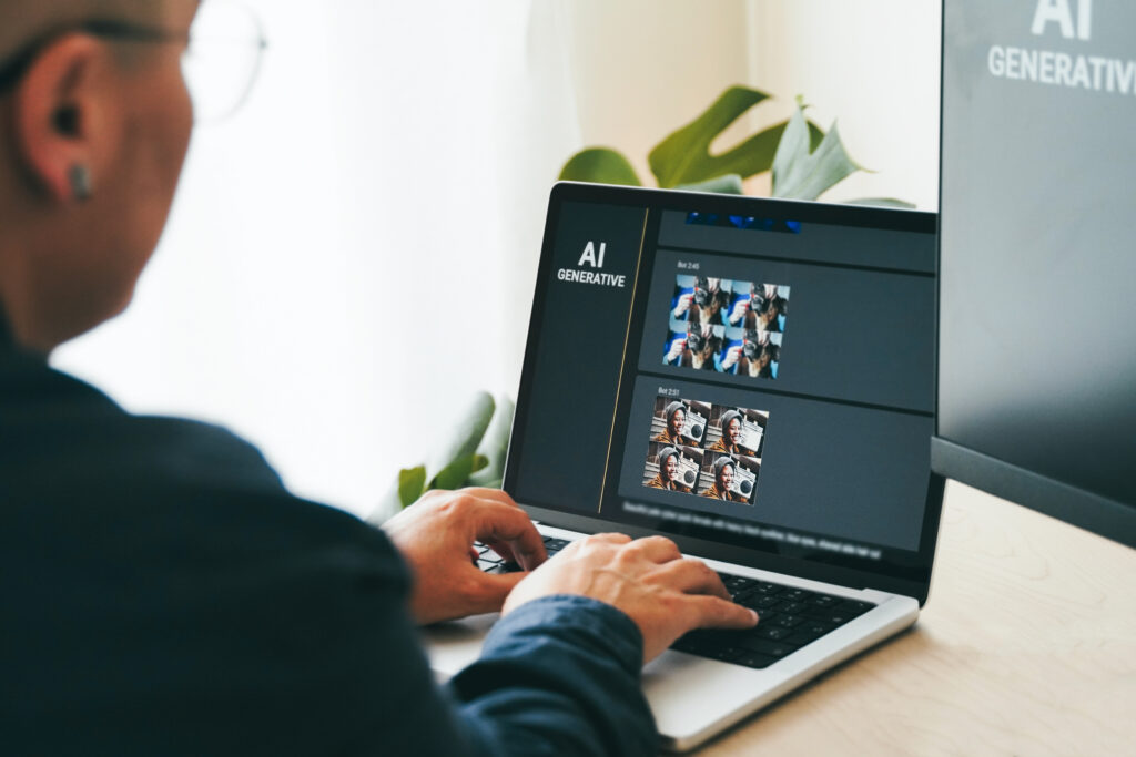 Frau die vor einem PC mit AI Generative sitzt